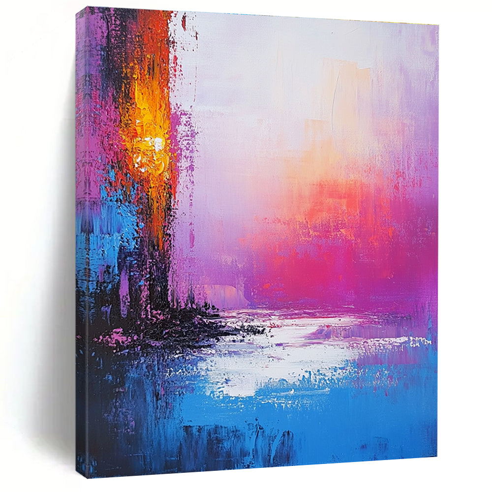 Large abstract painting of an iridescent ocean with pink purple and blue hues featuring a golden portal and a serene sunset ambiance.STSC261