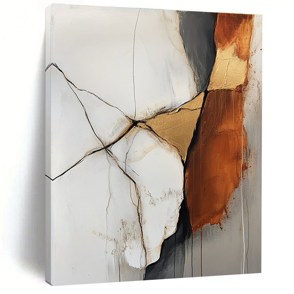 Large abstract painting featuring an off white and rust colored rock with gold veins in a minimalistic style and soft delicate strokes.STSC655
