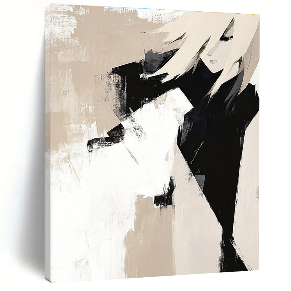 Large abstract painting featuring beige and black blocks on white background with textured layers and strong lines embodying minimalist elegance.STSC408