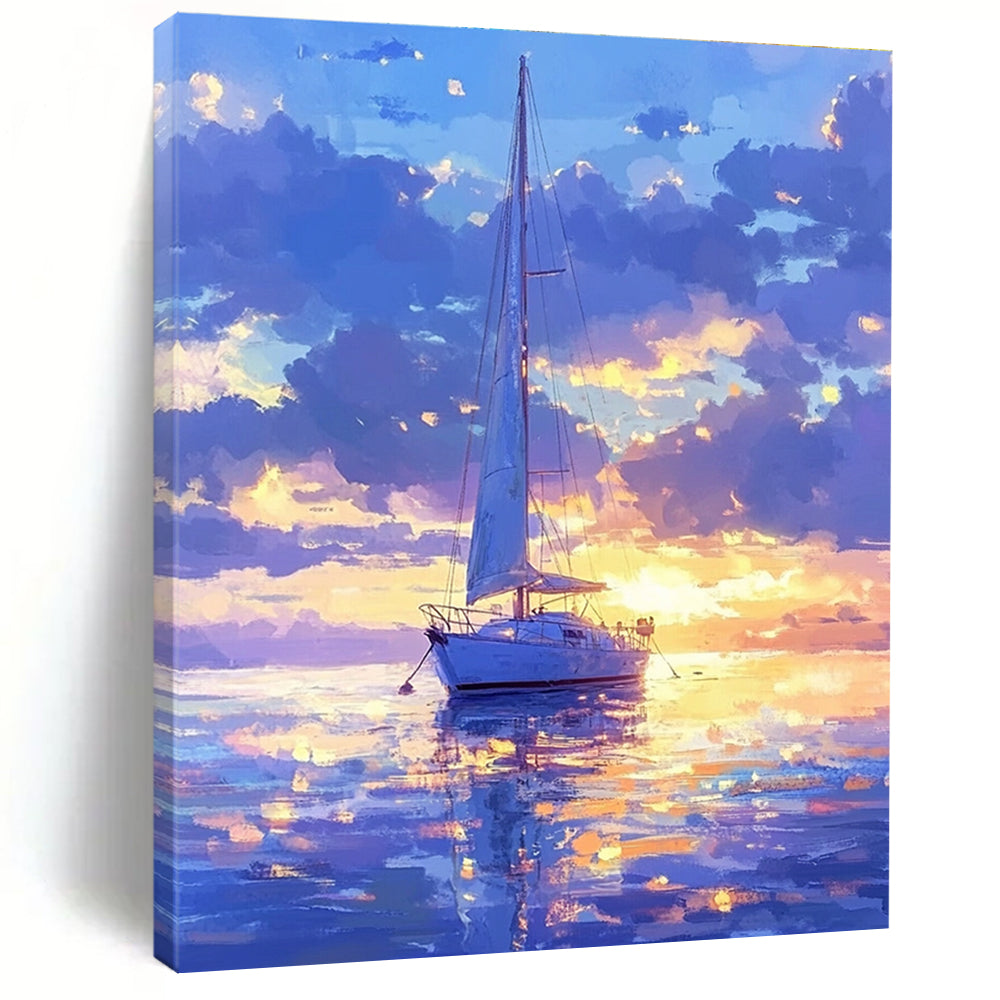 A large abstract painting featuring a sailboat on a dreamy sea under a soft blue sky with glowing water reflections and ethereal colors.STSC1170