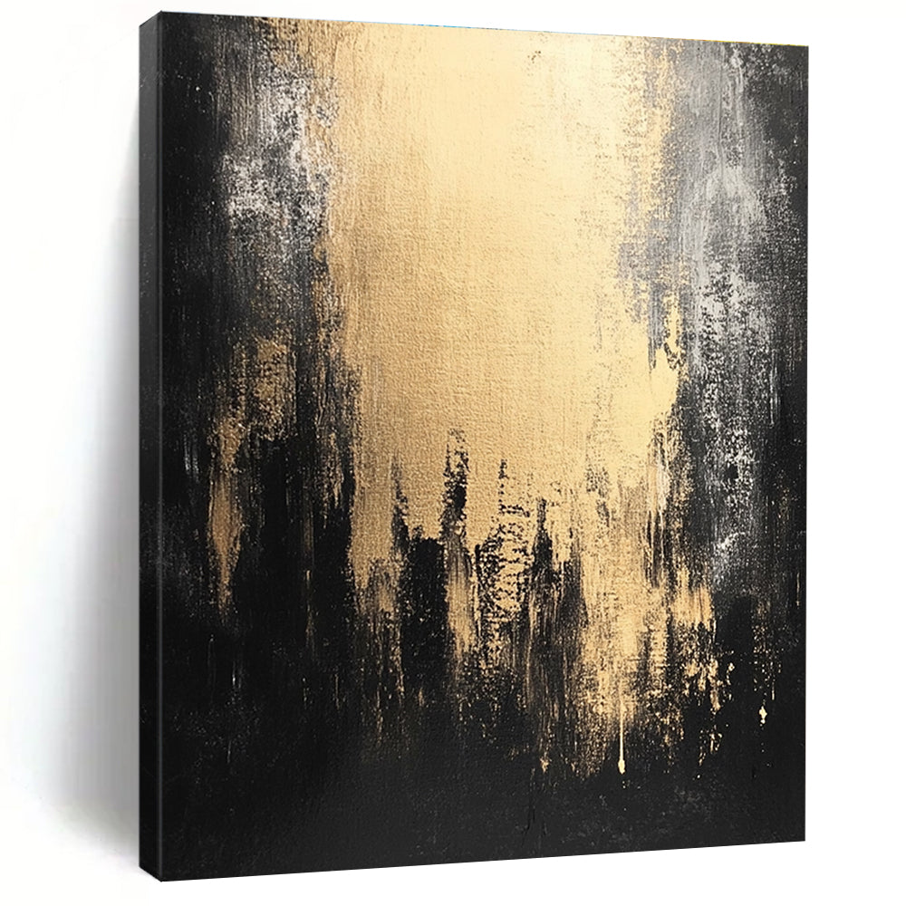 Large abstract painting in dark gray and light gold showcasing urban decay with black shadows for a captivating contemporary atmosphere.STSC228