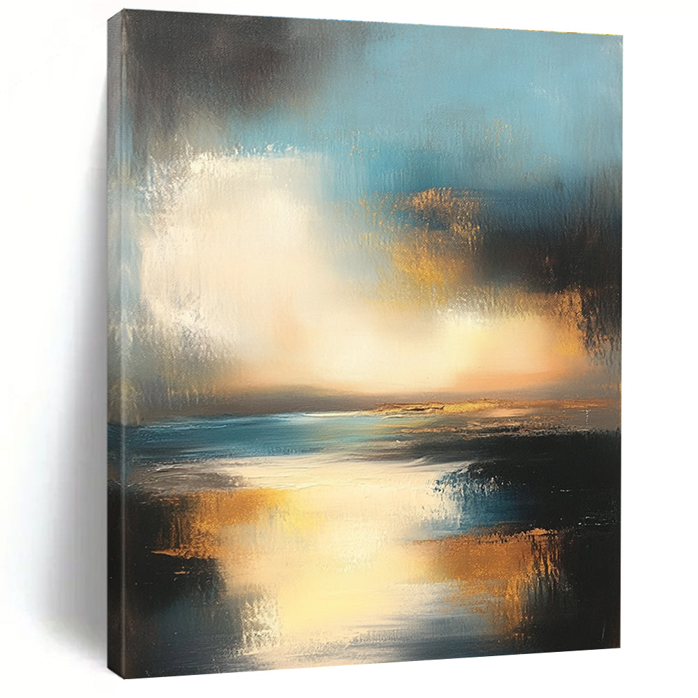 Large abstract oil painting depicting the ocean and sky at sunset with muted colors and gold accents for a serene ambiance.STSC196