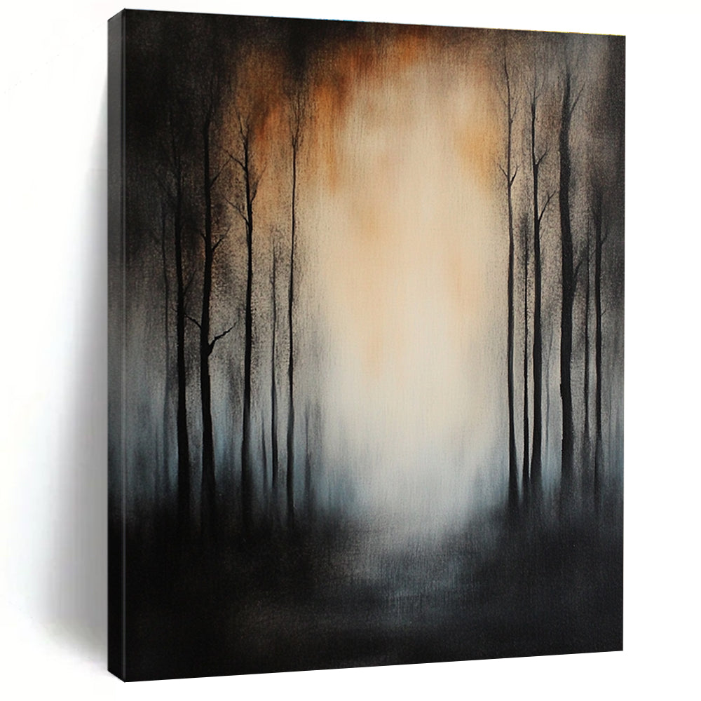 Large abstract painting featuring tall trees in a misty forest with dark gray and black tones and muted colors against a dark background.STSC195