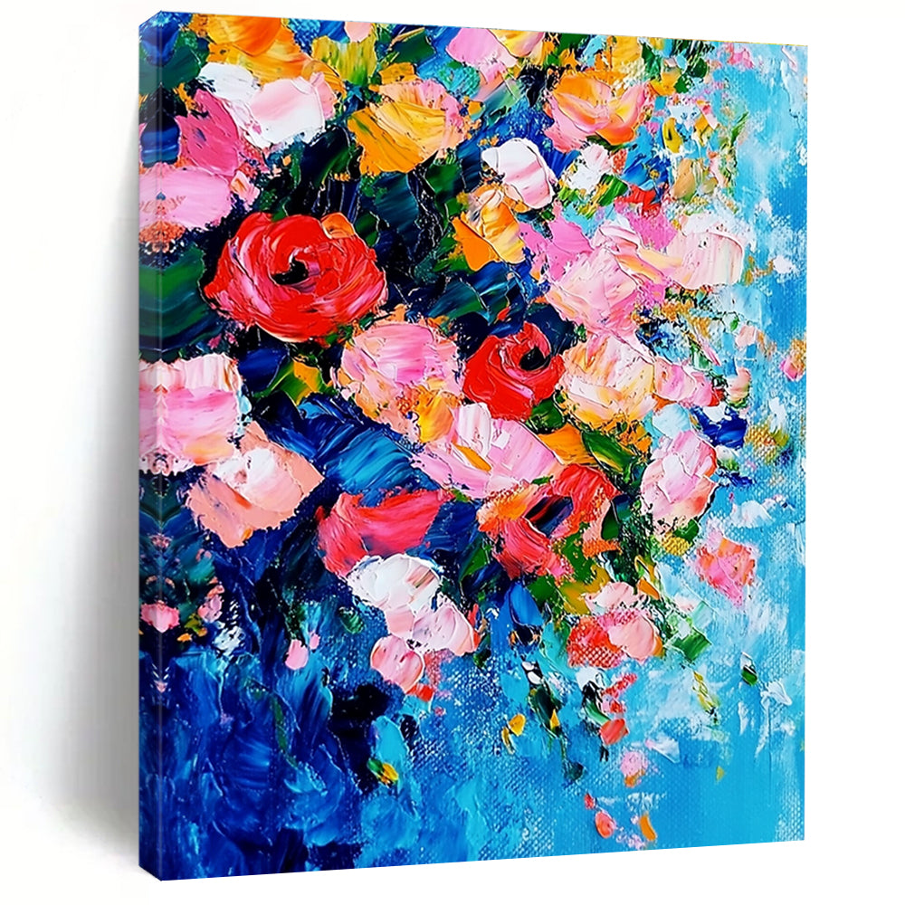 Large abstract painting featuring vibrant flowers in pink and red against a delicate blue and pink background showcasing intricate details and dynamic composition.STSC1026