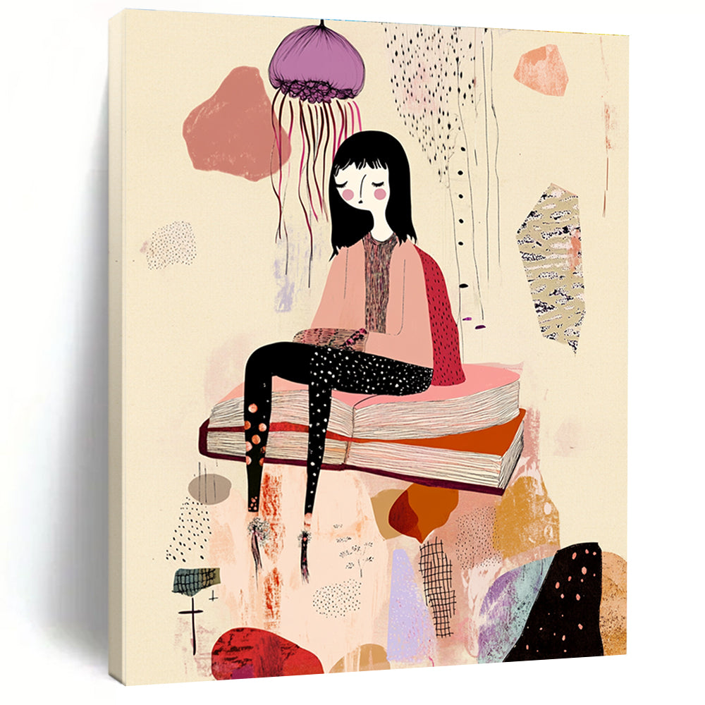 A large abstract artwork featuring a woman on a book amidst whimsical forms with pastel pink and purple hues set against a beige background.STSC1233