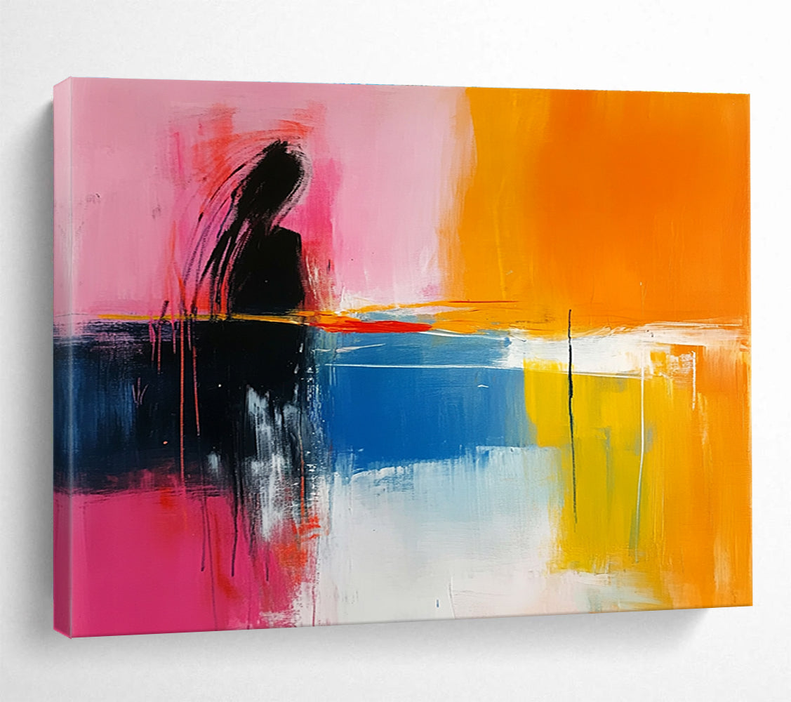Large abstract painting featuring pink yellow orange and blue tones with a calm sea and sunset in a minimalist style.SC250