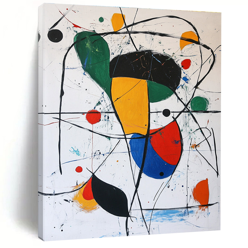 Large abstract painting featuring simple shapes and lines in black red green yellow and white with small colorful dots in a Joan Miro style.STSC377