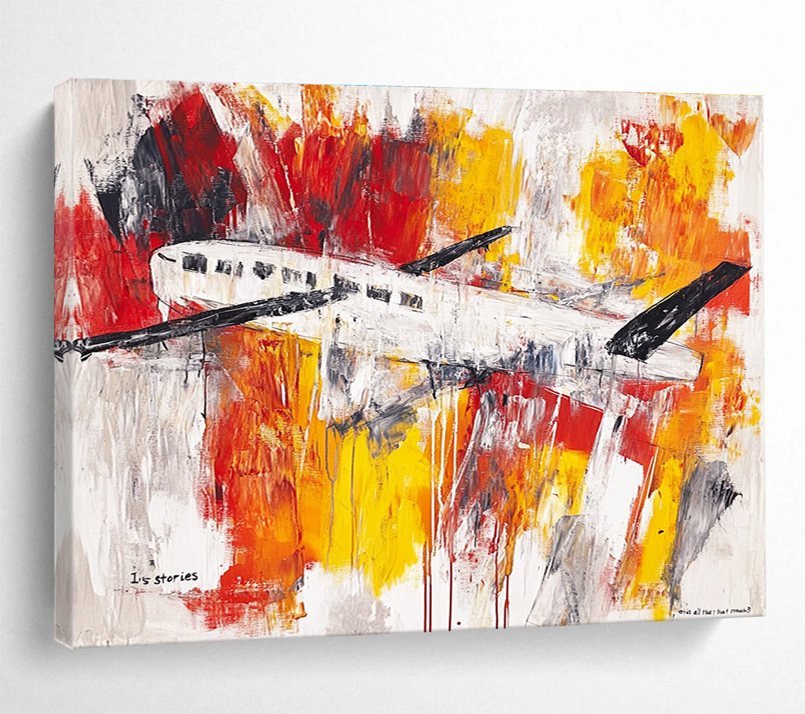 A large abstract painting featuring an airplane and a clothesline in vibrant brush strokes and washes of red, yellow, orange, grey, and silver on a white background.SC333