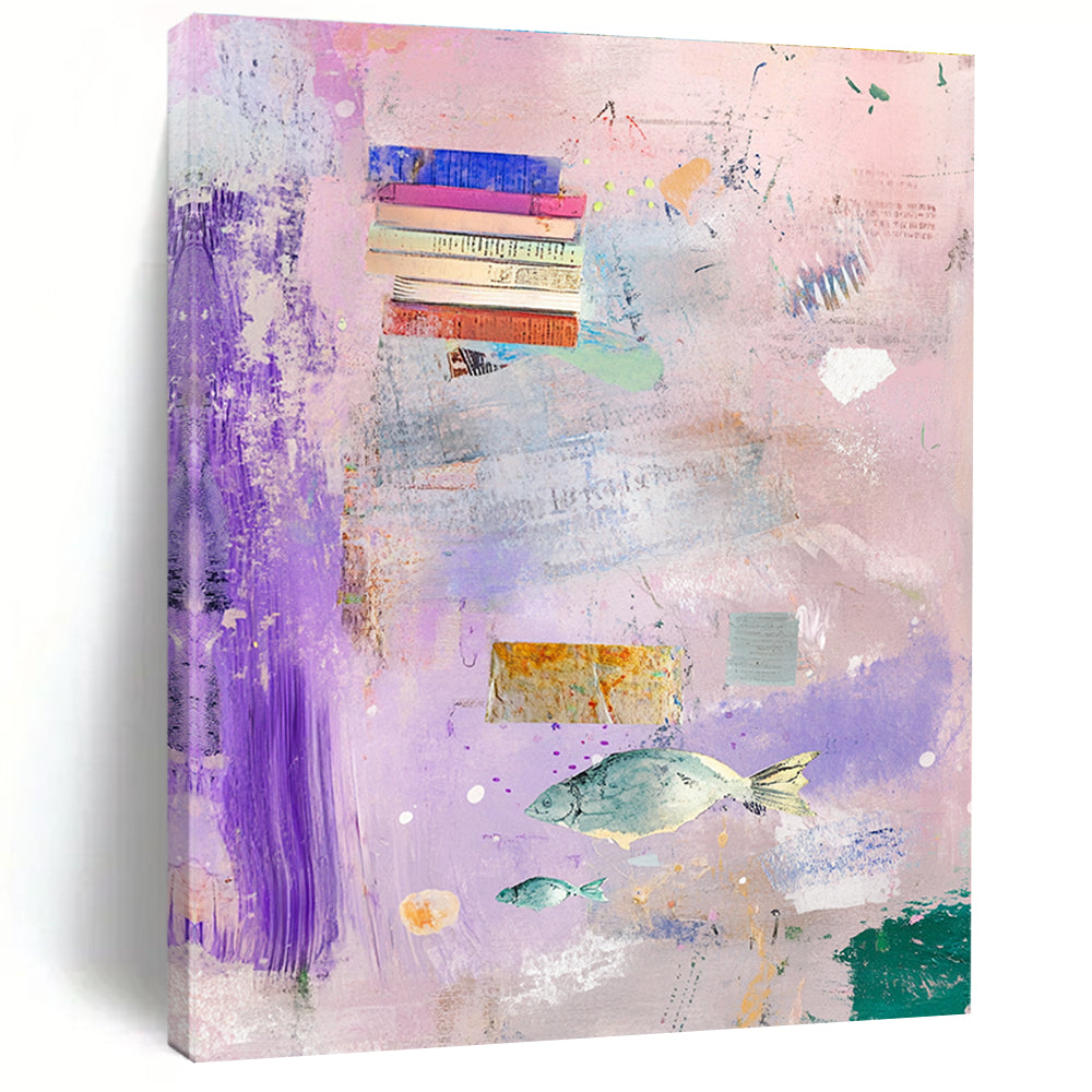 Abstract painting featuring a light pink background with pastel colors, books, feathers, and flying fish in hues of purple, blue, green, and yellow.STSC1041