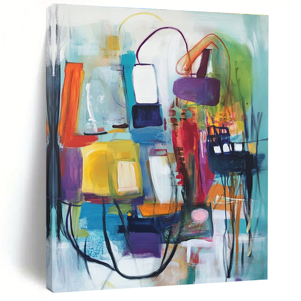 A large abstract painting featuring vibrant shapes and colors, depicting buildings and organic movement, created with expressive oil paint techniques.STSC823