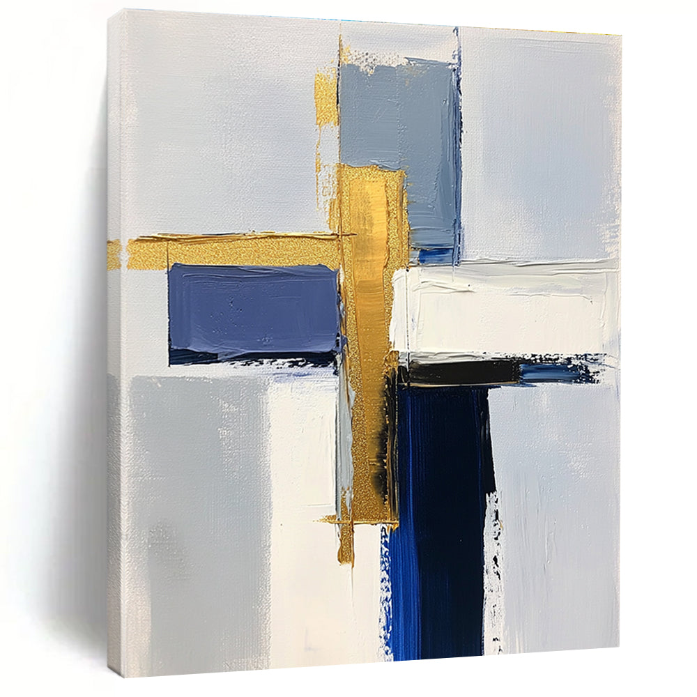 Blue and Gold Abstract Painting with Layered Geometry GER567