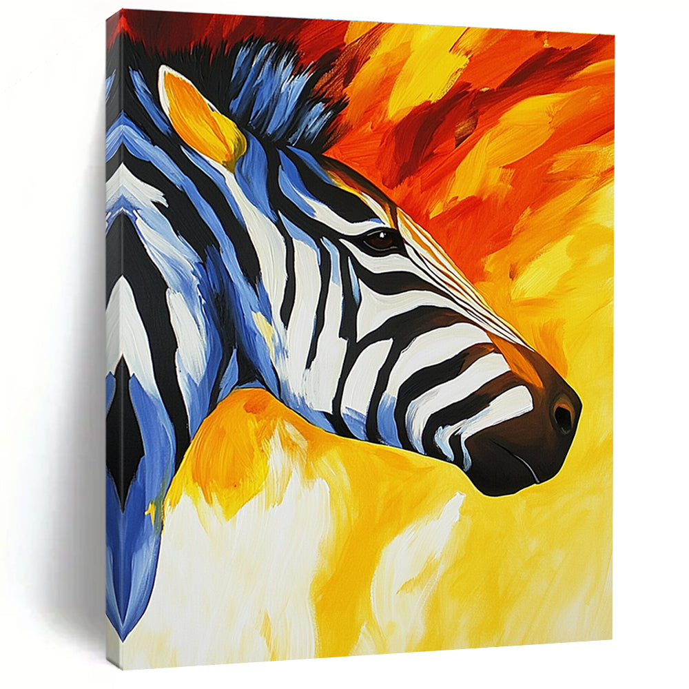 Abstract painting featuring a zebra's face and neck with vibrant stripes in yellow orange red blue white and black capturing movement and texture.STSC961