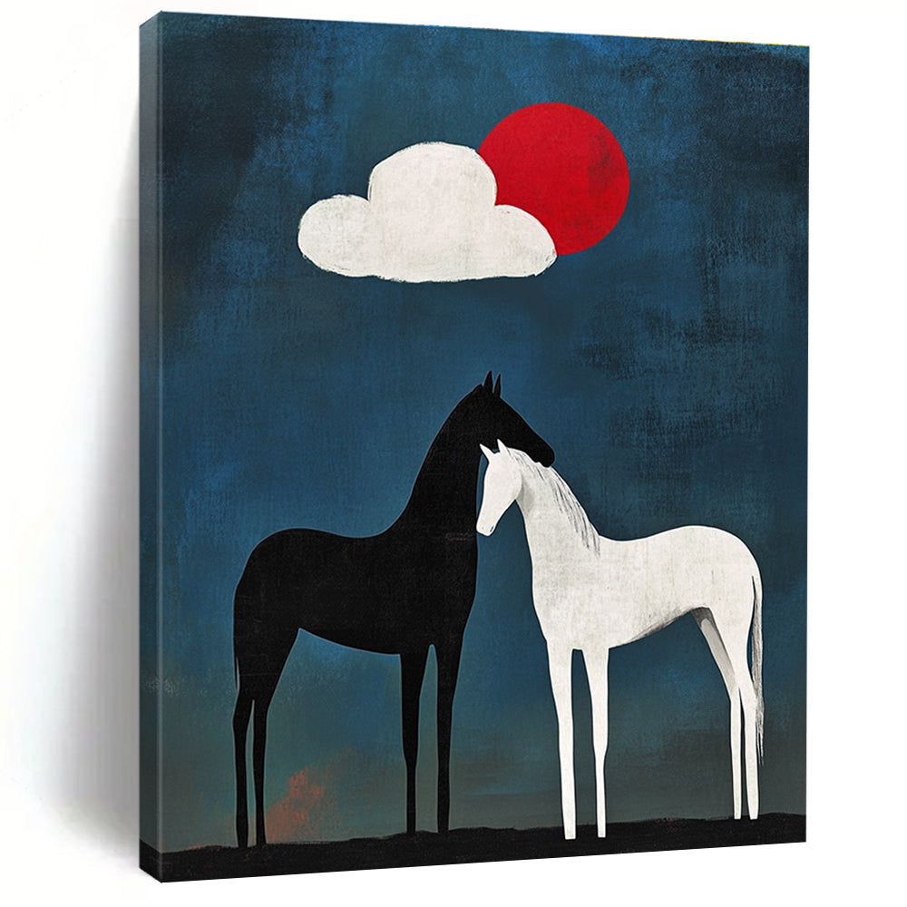 Large abstract painting featuring a black horse with white legs and tail beside another horse under an egg-shaped cloud against a blue background with a red sun.STSC916