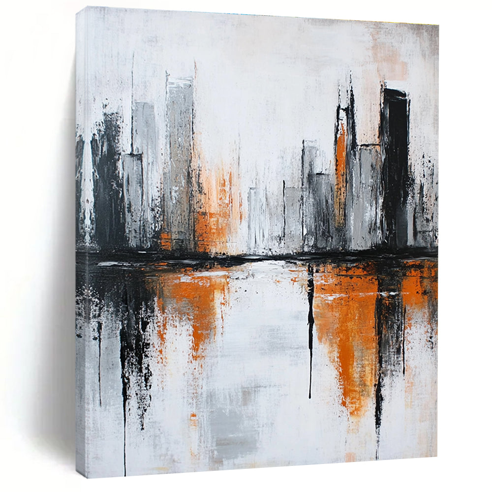 Large abstract painting featuring a river in an urban landscape with orange and gray accents highlighting themes of decay and modern art.STSC406