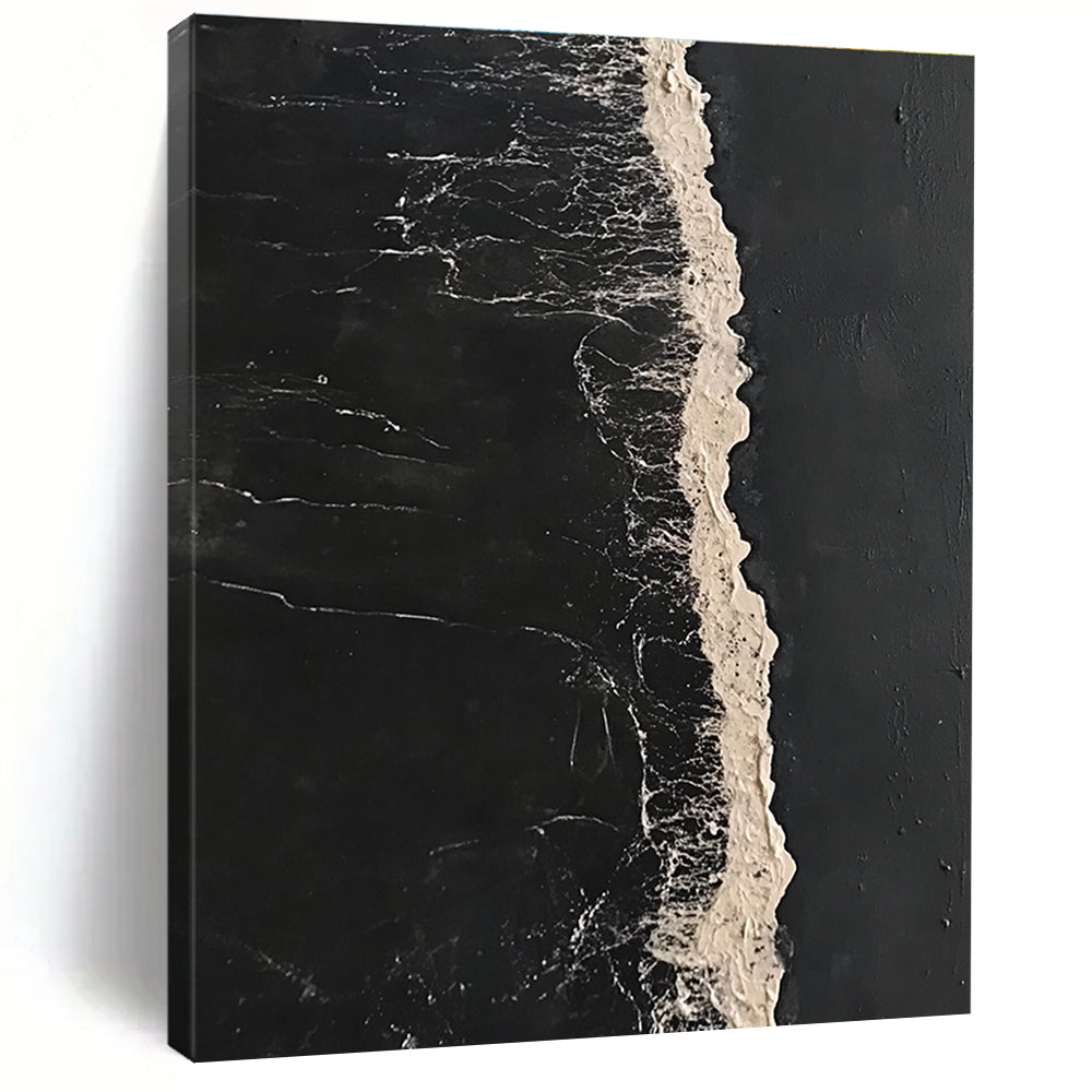 Abstract painting featuring a long white line of sea foam on dark water in a minimalist high contrast style inspired by Bawden and Sowa.STSC1044