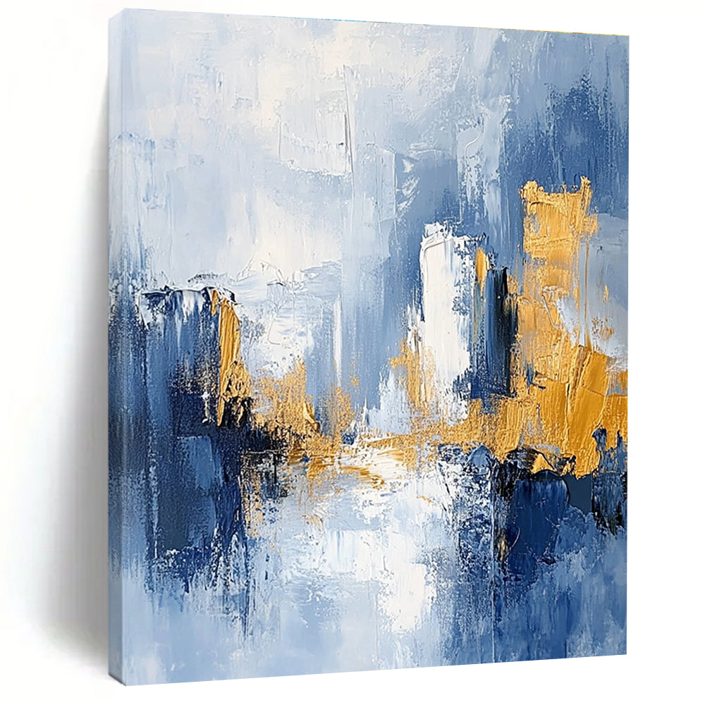 Sky Blue and Gold Abstract Painting with Urban Skylines GER378