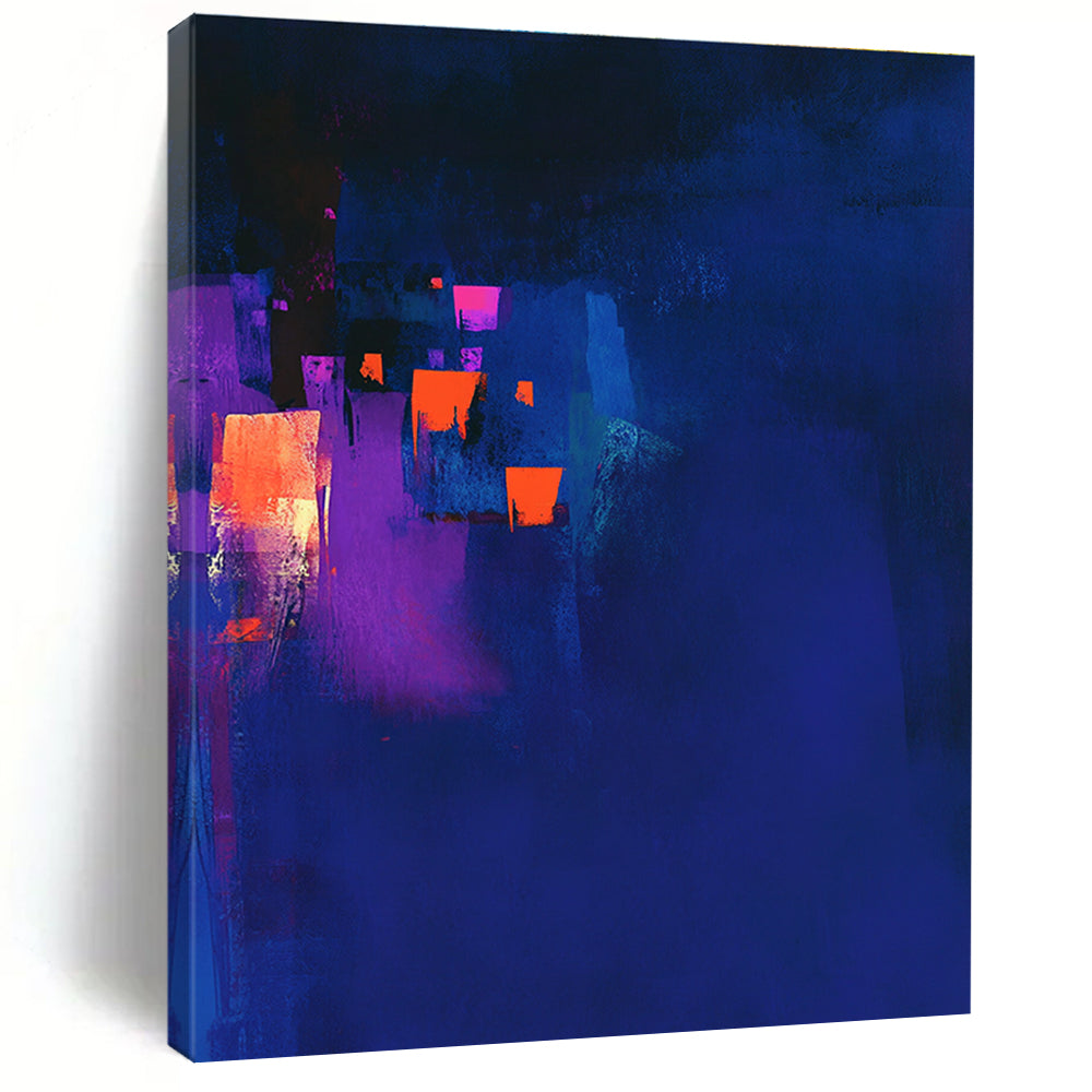 Large abstract painting in dark blue and violet with glowing orange highlights and a dark background capturing a chiaroscuro effect.STSC544