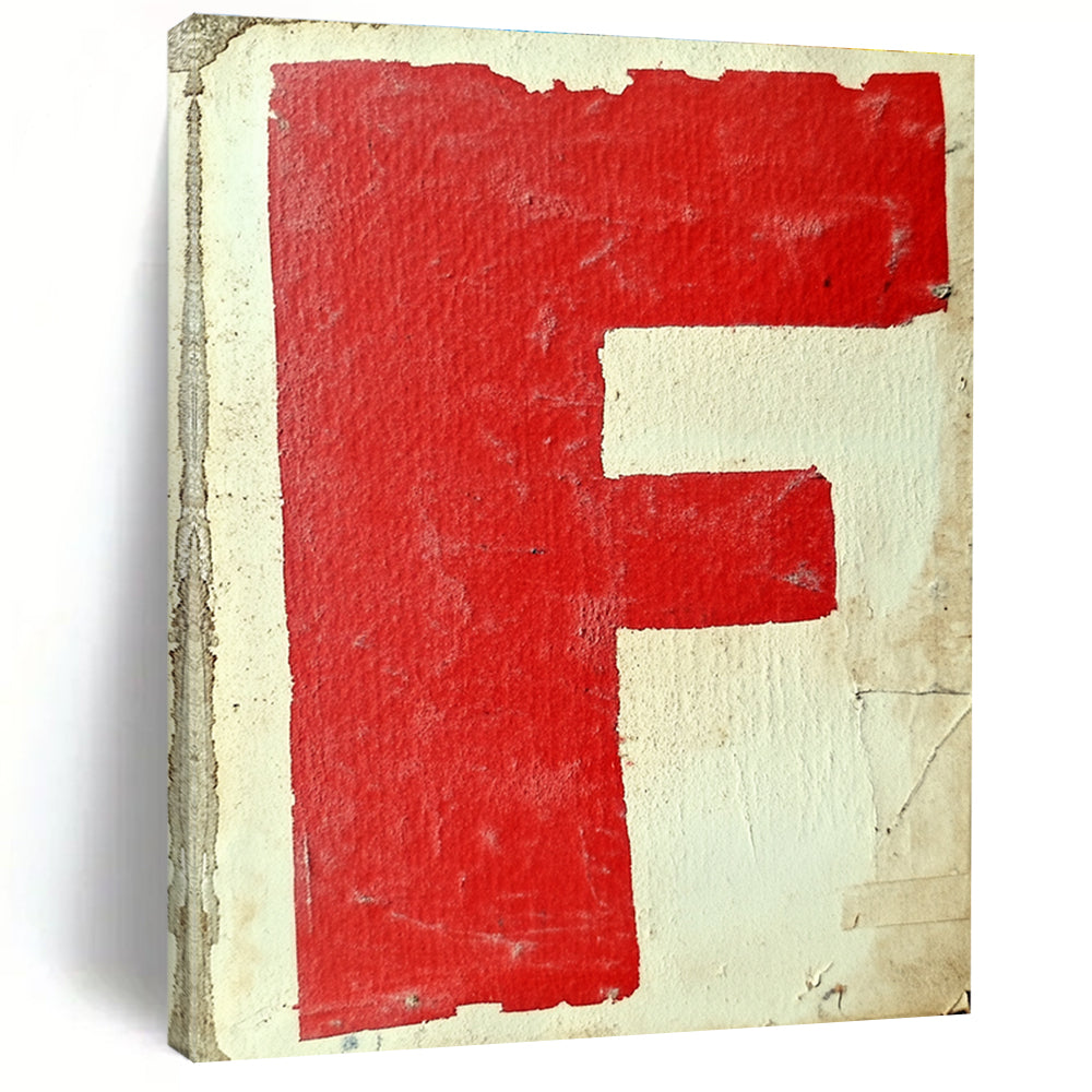 Large abstract artwork featuring red and white graffiti of the letter F with simple shapes on textured paper inspired by Gerd Arntz style.STSC1415