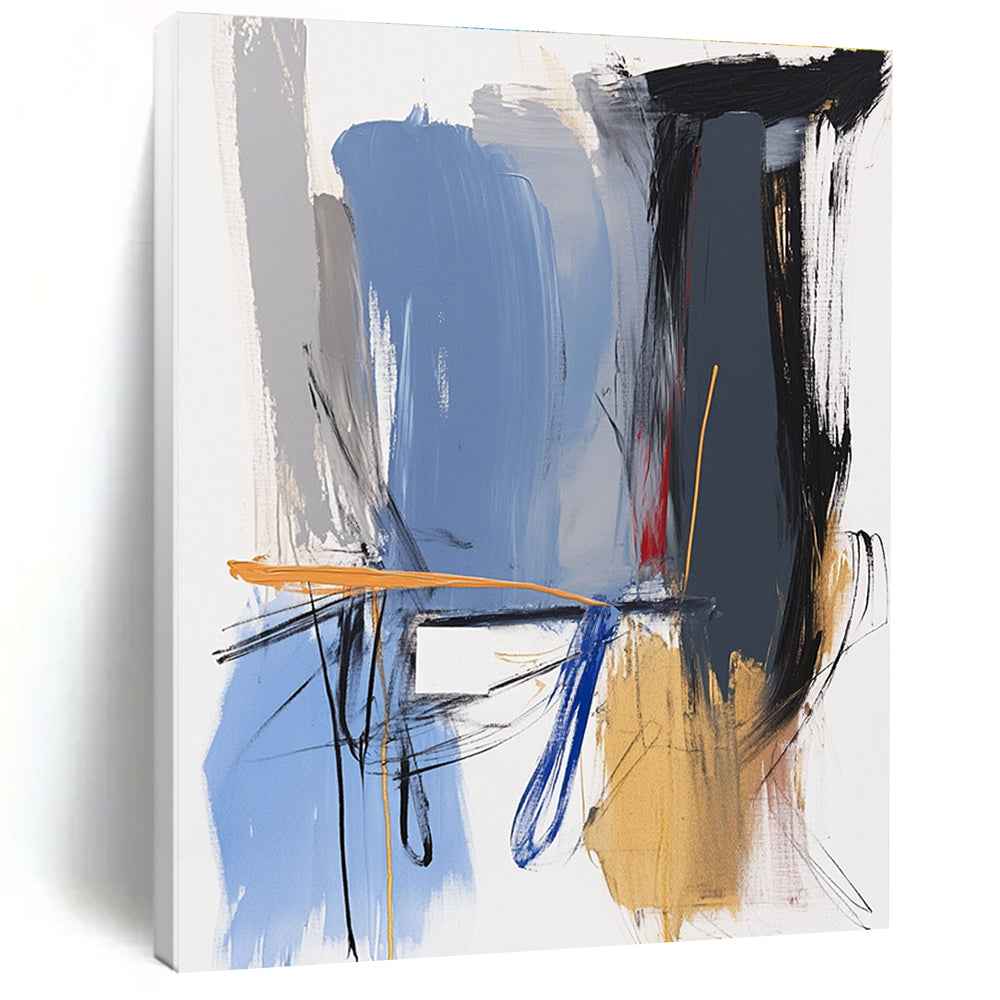 Abstract painting featuring blue grey and gold hues with a white square and expressive forms in impasto style.STSC743
