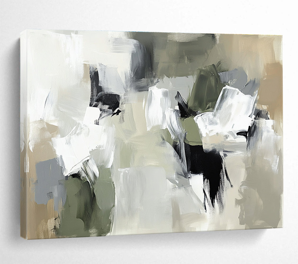 Large abstract painting in neutral tones featuring thick brush strokes and chaotic composition with beige gray and soft edges.SC245