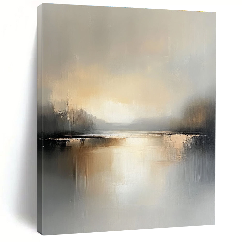 Large abstract landscape painting featuring a serene lake and soft gray beige tones capturing the tranquility of golden hour reflections.STSC084
