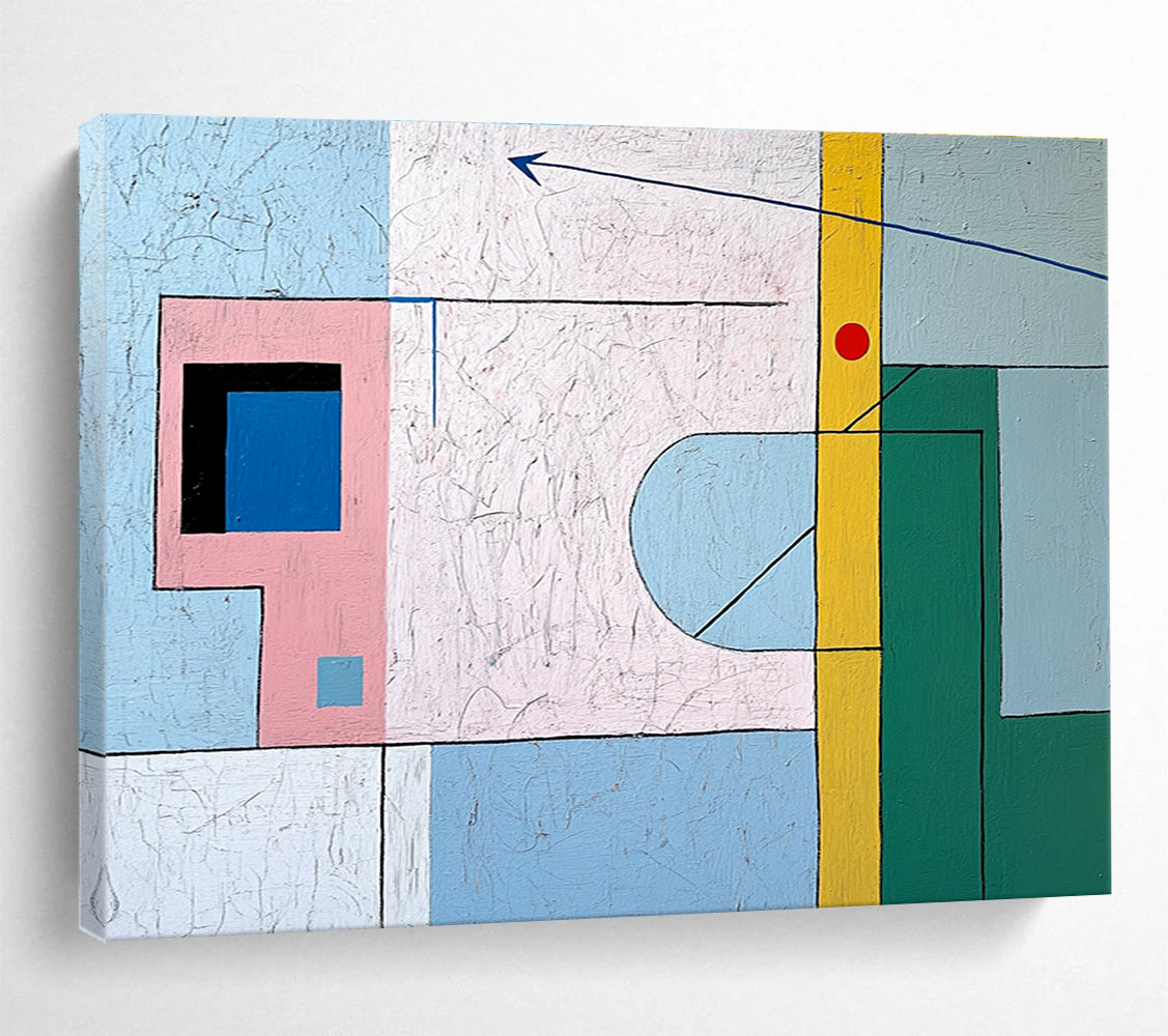 A large abstract painting featuring geometric pastel shapes, a small window, a door, and a downward arrow, evoking tranquility and creativity.SC491