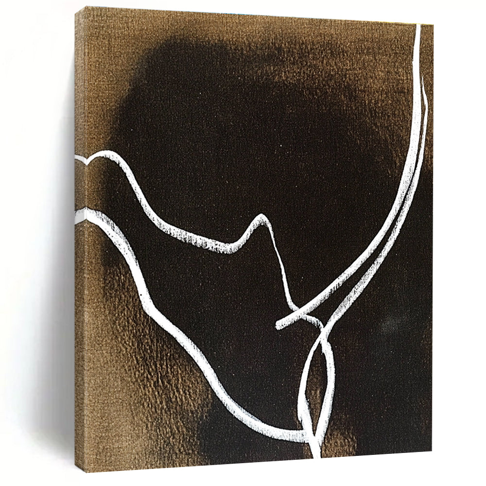 An abstract artwork featuring minimalist line art of a rhinoceros' horns in white on a dark brown background, inspired by Matisse and Dubuffet.STSC1346
