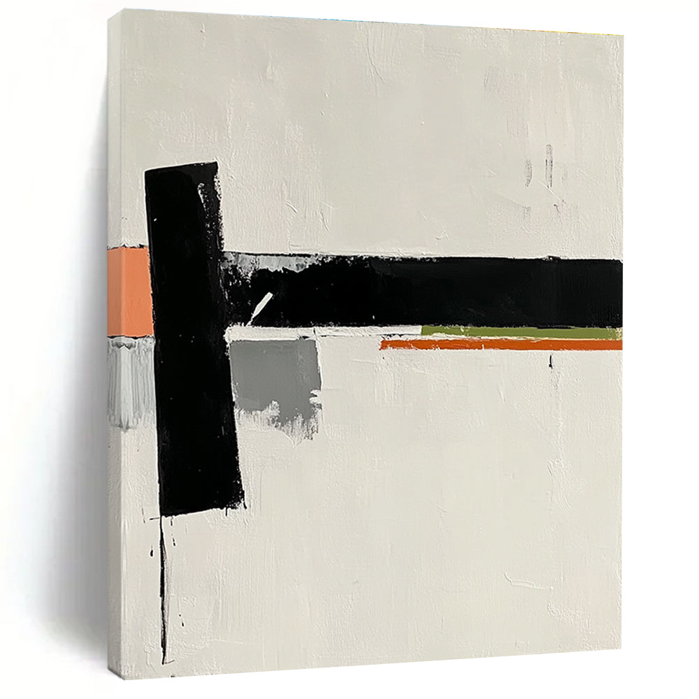 A large abstract painting features a white background with a small black rectangle and orange stripes alongside gray and green shapes embodying elegance.STSC569