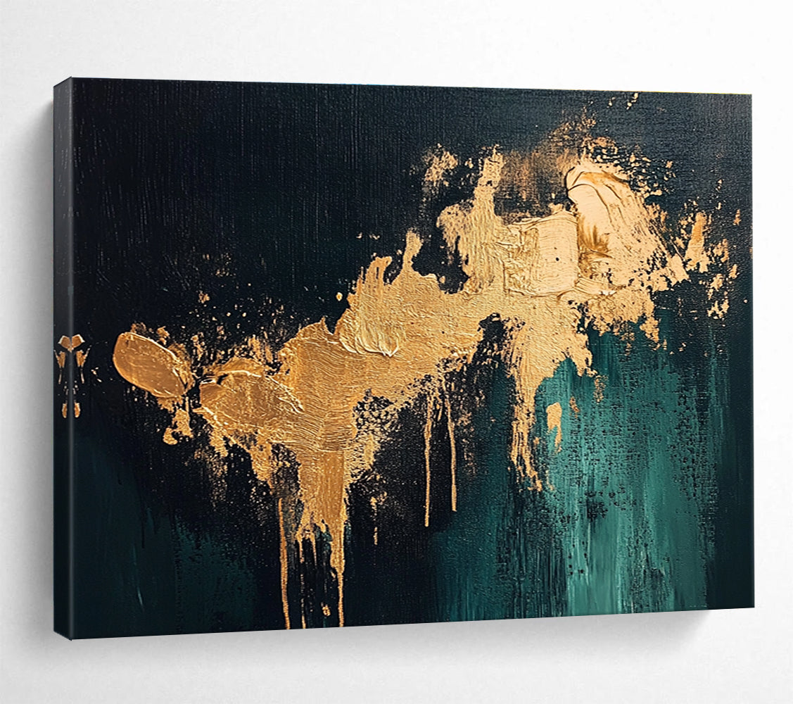 Large abstract painting with gold splashes on dark green background showcasing intricate details and a moody atmospheric feel.SC259