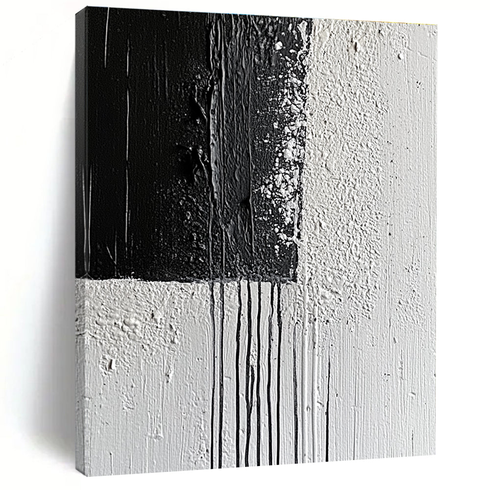 Large abstract painting with broad strokes and delicate paint drips on a textured canvas featuring a monochromatic gray color scheme.STSC539
