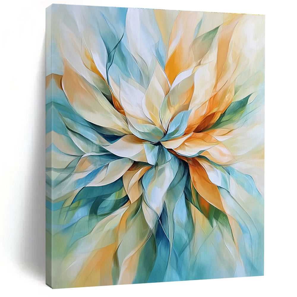 Abstract painting of a flower in light blue and beige with soft lines and pastel tones featuring accents of orange and green for depth.STSC670