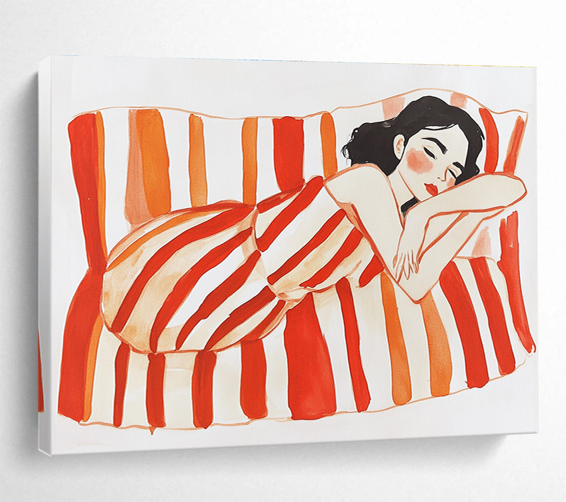 An abstract gouache illustration features a woman on a striped couch with bright red and orange stripes against a white background.SC573