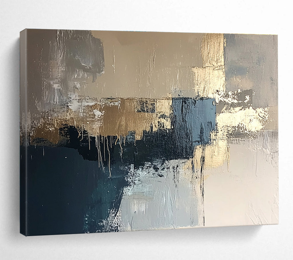 Gold and Blue Abstract Painting with Dripping Textures DYP385