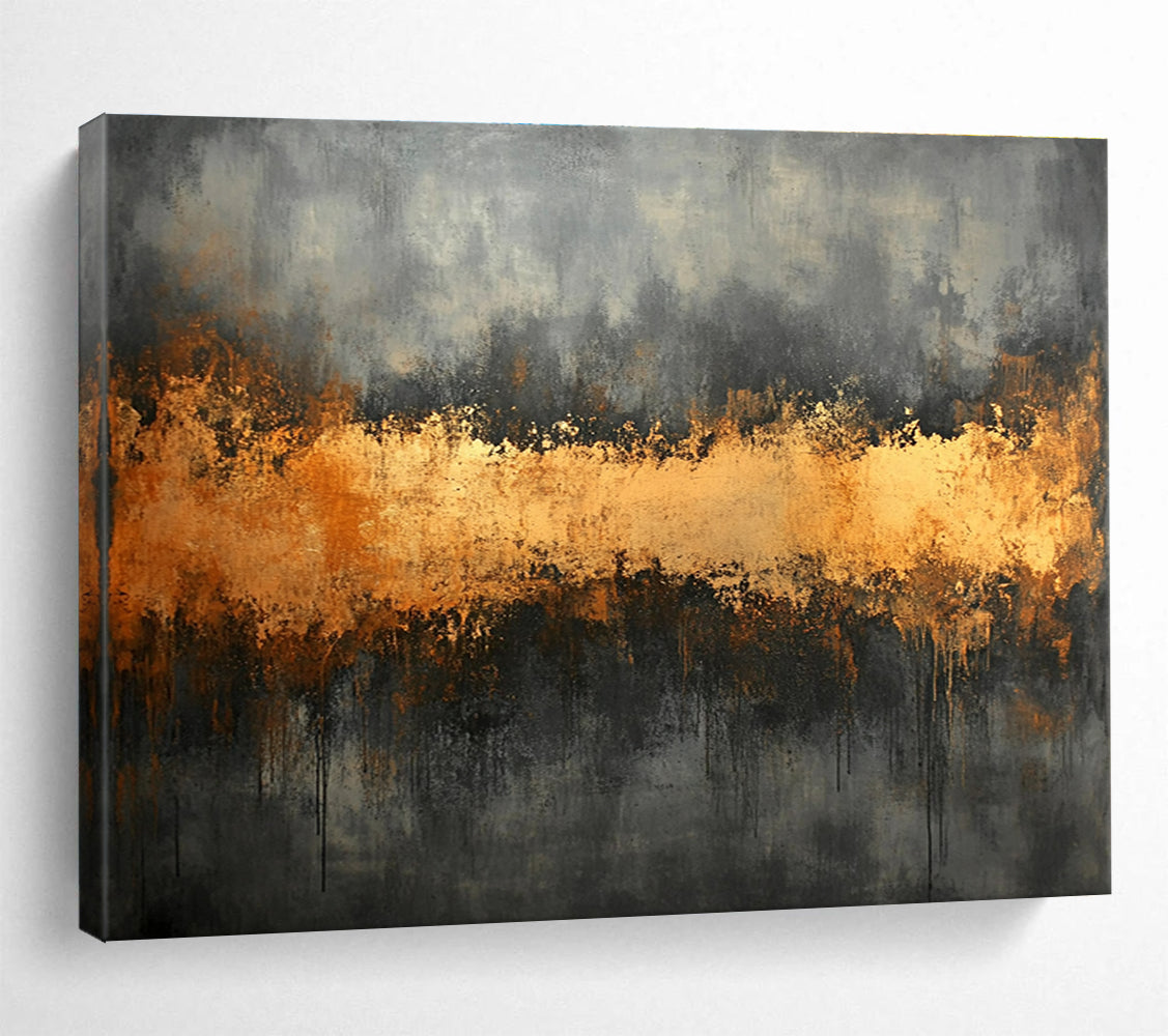Gray and Gold Abstract Painting with Dripping Textures DYP305