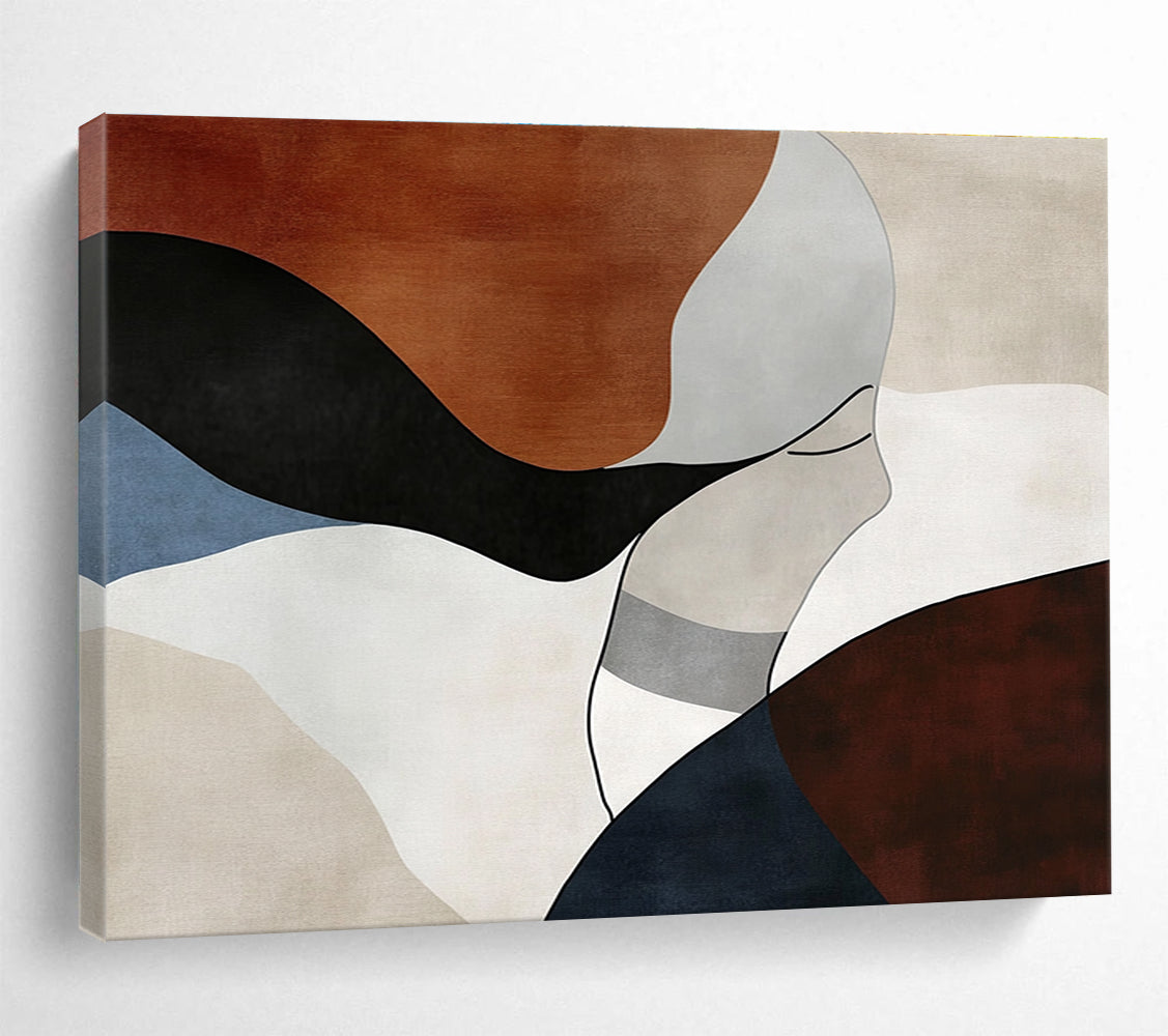Large abstract art featuring elegant feminine forms in earthy tones, emphasizing organic curves and geometric patterns for a serene modern aesthetic.SC299