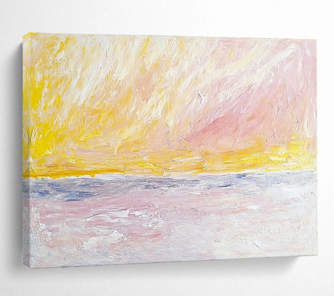 Large abstract painting of sky and sea in Turner style featuring pale pink yellow and beige colors with bold brush strokes.SC365