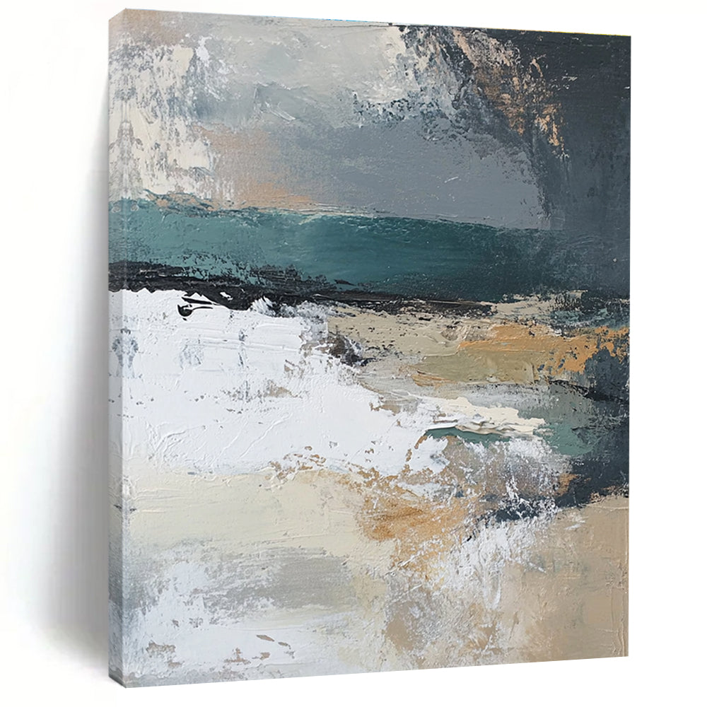 Large abstract painting featuring muted beige grey teal silver and green hues with white abstract shapes and textured layers depicting a serene landscape.STSC380