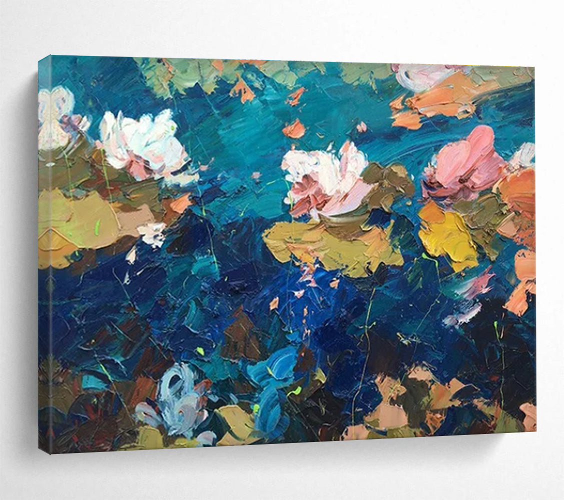 Blue Pink Water Lily Pond Abstract Painting THY465