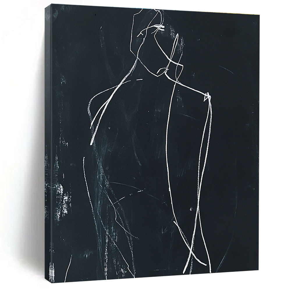 Large abstract drawing featuring a minimalist human figure in white chalk on black paper with soft lighting and shadows enhancing its form.STSC976