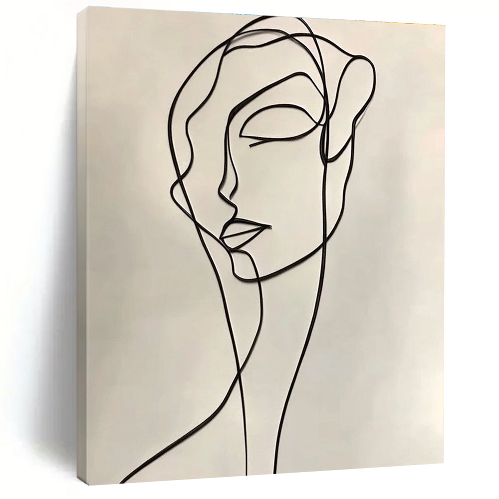 A large abstract drawing featuring a continuous line contour of a woman in elegant black ink on a white background, inspired by Henri Matisse.STSC1190