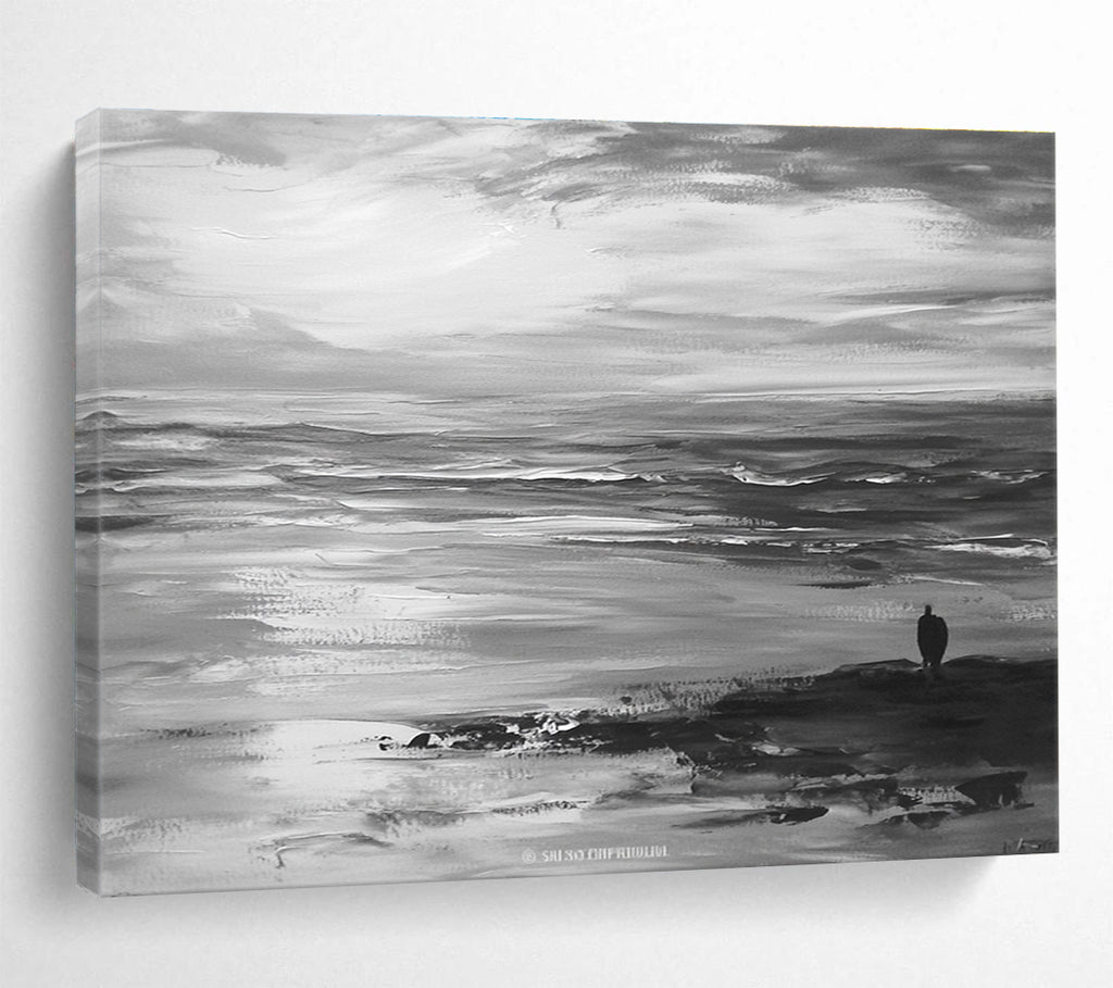 Large abstract painting of the ocean horizon and sky in gray tones with visible brush strokes on canvas.SC015