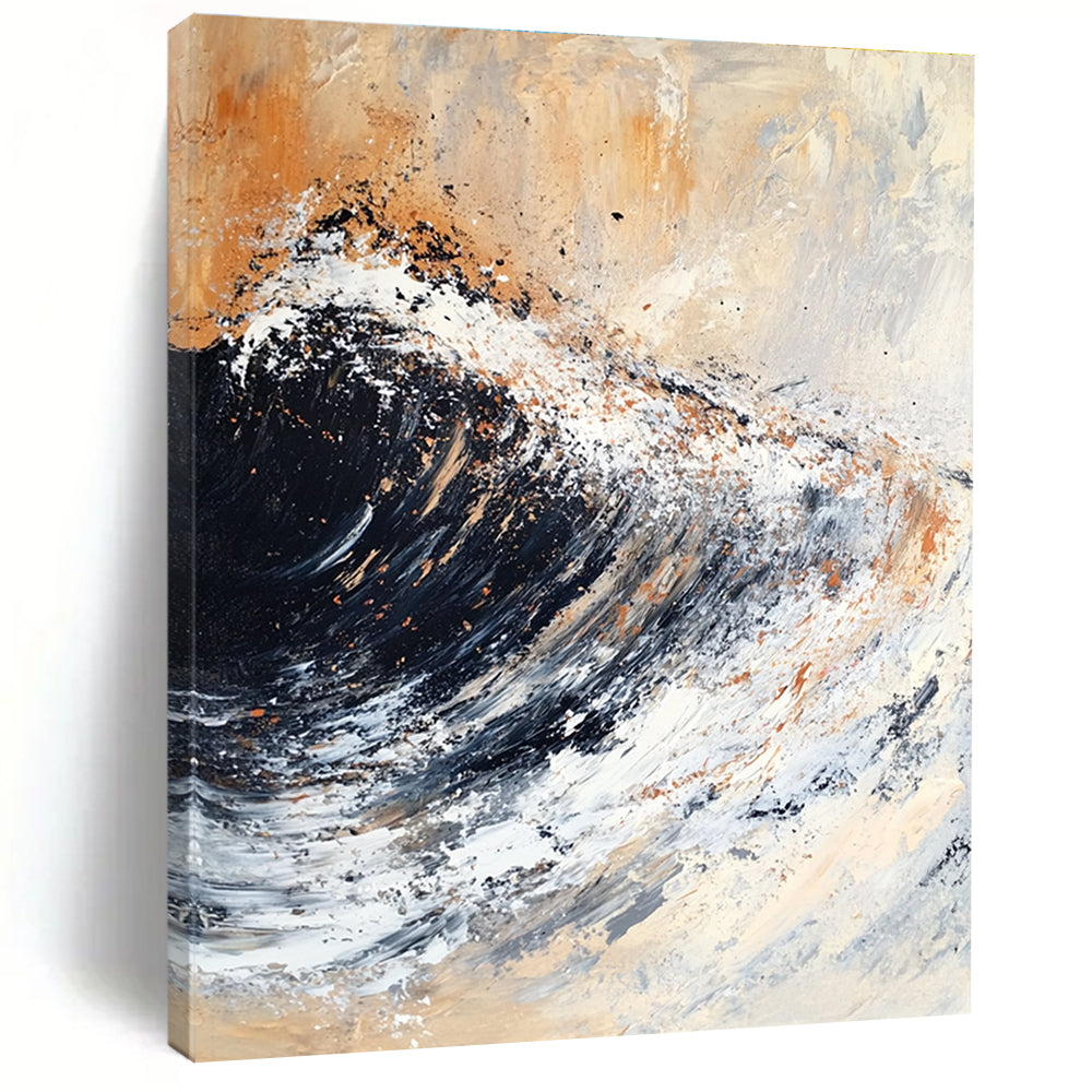 Large abstract painting featuring textured brush strokes of black and white with rusty orange and brown accents.STSC140