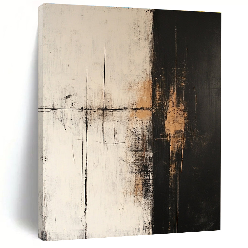 Large abstract oil painting in dark white and light beige with golden details on a dark gray background featuring minimalist and atmospheric style.STSC600