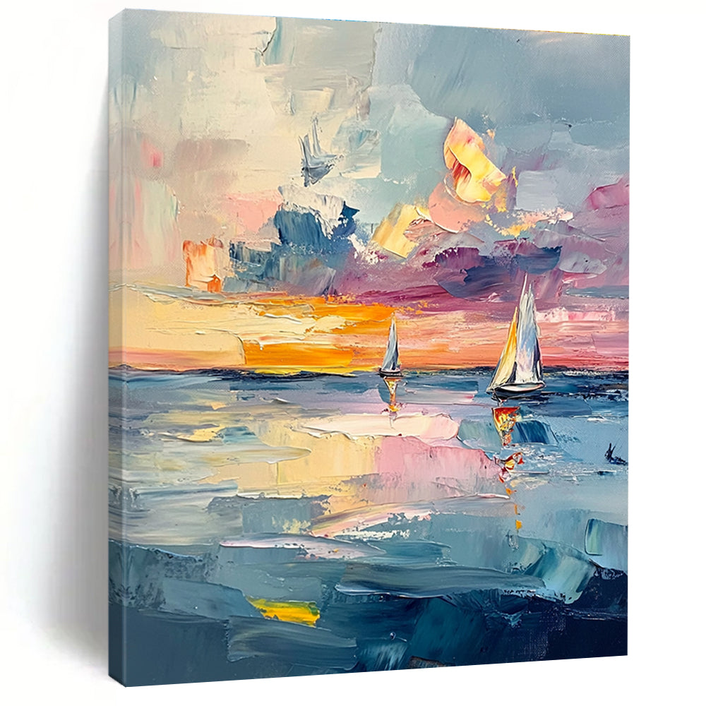 Large abstract painting of the sea with textured layers and pastel skies featuring sailboats reflecting light like gems across the canvas.STSC973