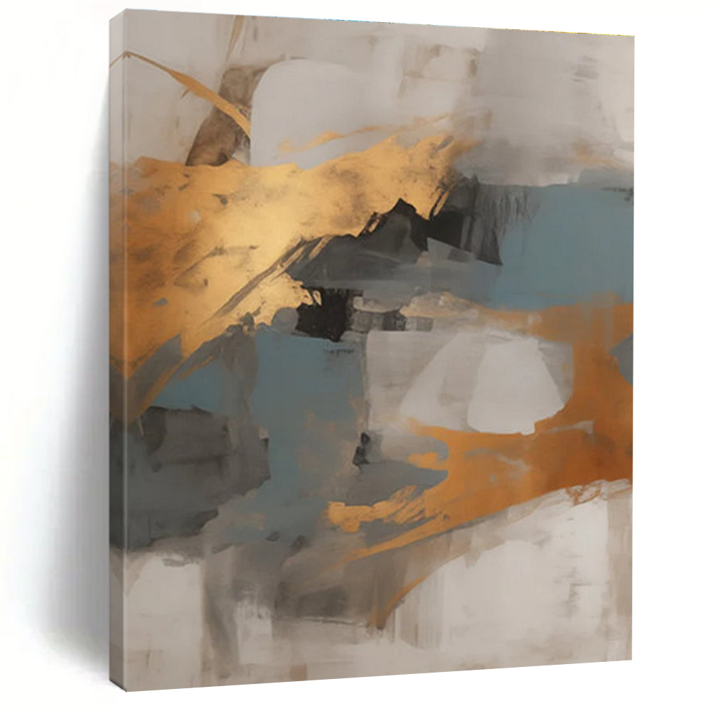 Gold, Blue, and Gray Abstract Painting with Dynamic Shapes ADGE136