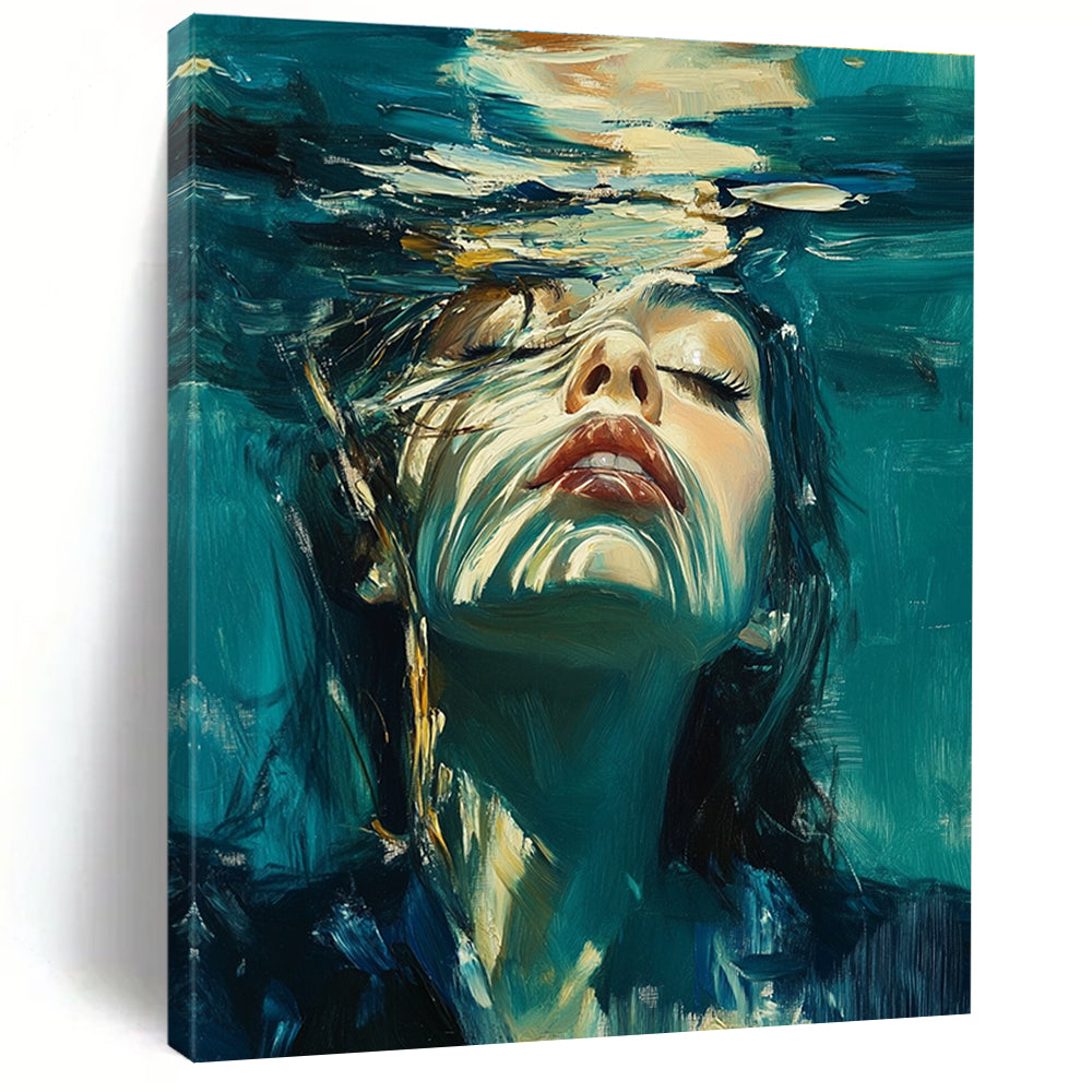 Abstract oil painting of a woman underwater with long hair wearing a dark blue suit with white details against a teal and turquoise background.STSC178