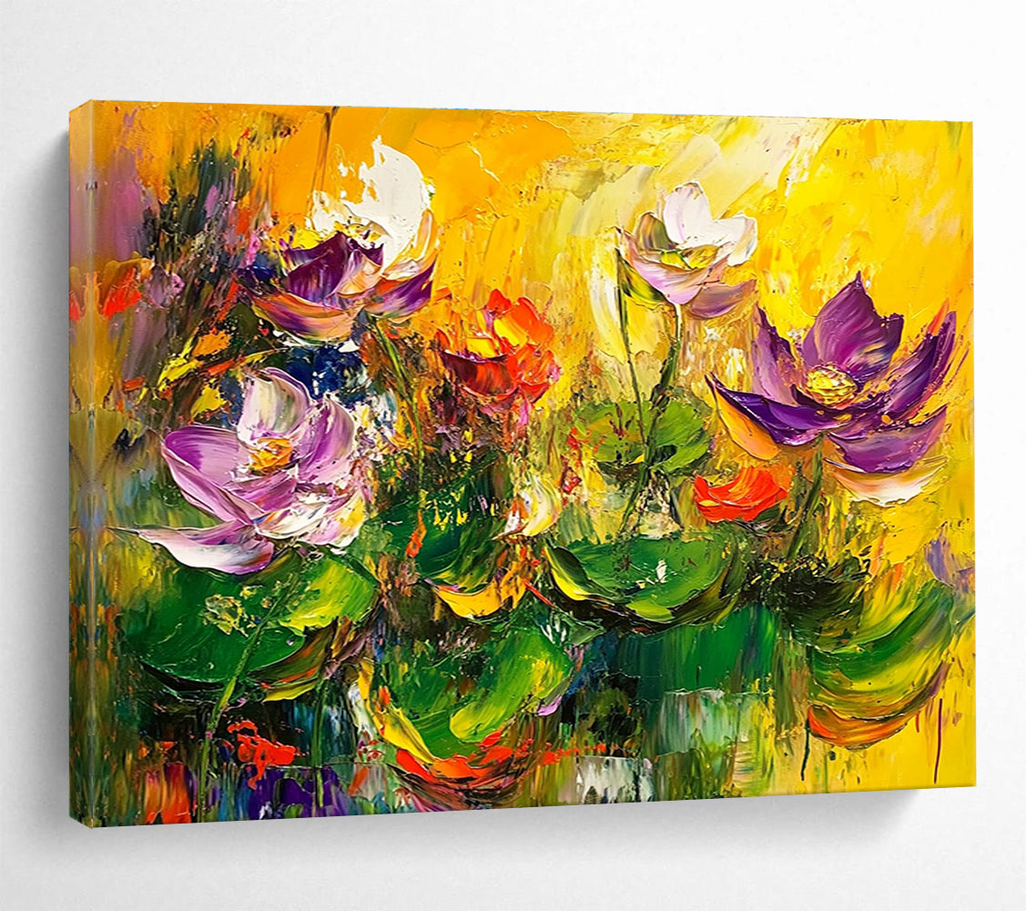 Large abstract painting featuring lotus flowers in green and purple on a yellow background with thick brush strokes and vibrant colors.SC195