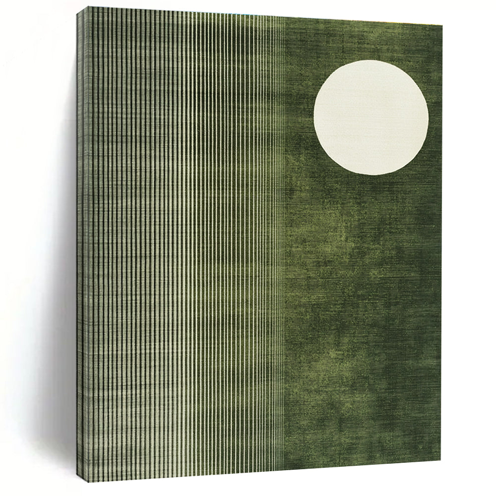 Abstract painting featuring a white circle on olive green fabric-like background with organic patterns and a white half-moon in the corner.STSC1251