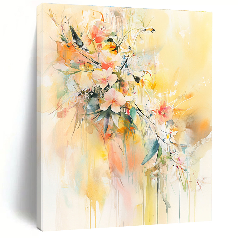 Large abstract watercolor painting featuring flowers and leaves with delicate birds on a light yellow background in soft pastel tones.STSC501