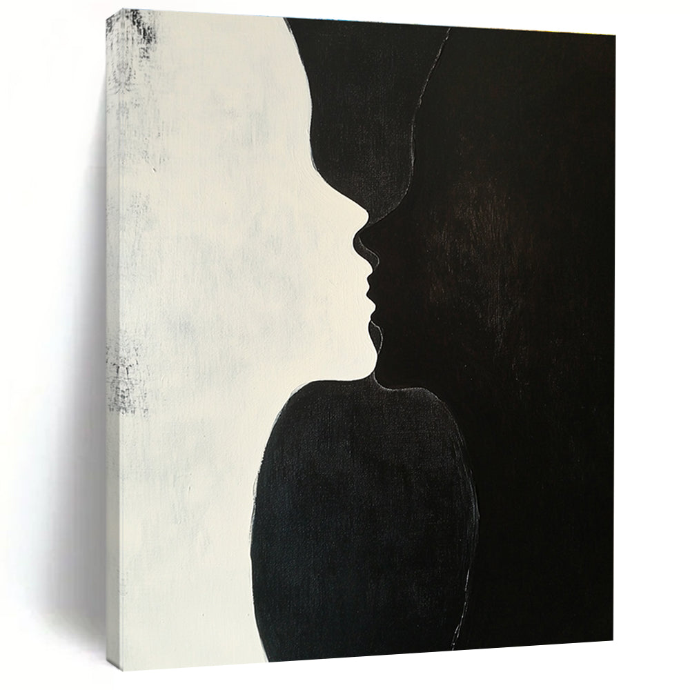 A large abstract painting featuring two figures kissing against a plain black background with subtle shadows highlighting their forms and textures.STSC909